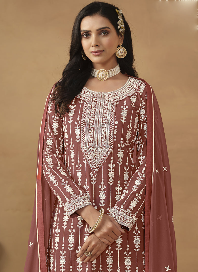 Vegaa Fashion Designer Brown Faux Georgette Embroidery Sharara Suit | Grocsy