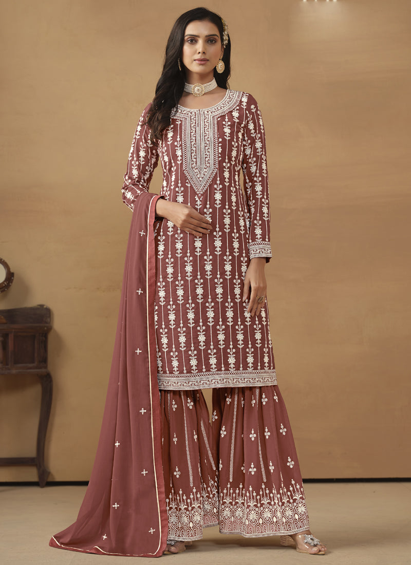 Vegaa Fashion Designer Brown Faux Georgette Embroidery Sharara Suit | Grocsy