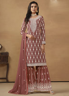 Vegaa Fashion Designer Brown Faux Georgette Embroidery Sharara Suit | Grocsy