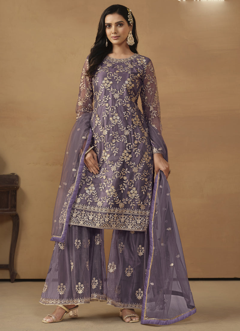 Vegaa Fashion Purple Net Embroidered Sharara Suit | Grocsy