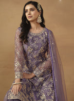 Vegaa Fashion Purple Net Embroidered Sharara Suit | Grocsy