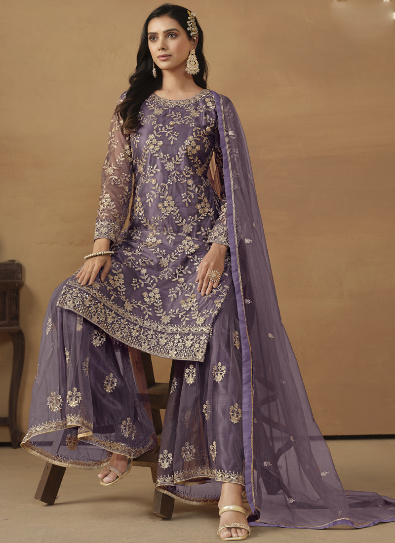 Vegaa Fashion Purple Net Embroidered Sharara Suit | Grocsy