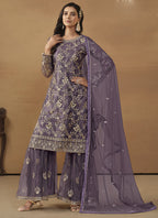 Vegaa Fashion Purple Net Embroidered Sharara Suit | Grocsy