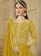 Vegaa Fashion Designer Yellow Faux Georgette Embroidery Anarkali Suit | Grocsy