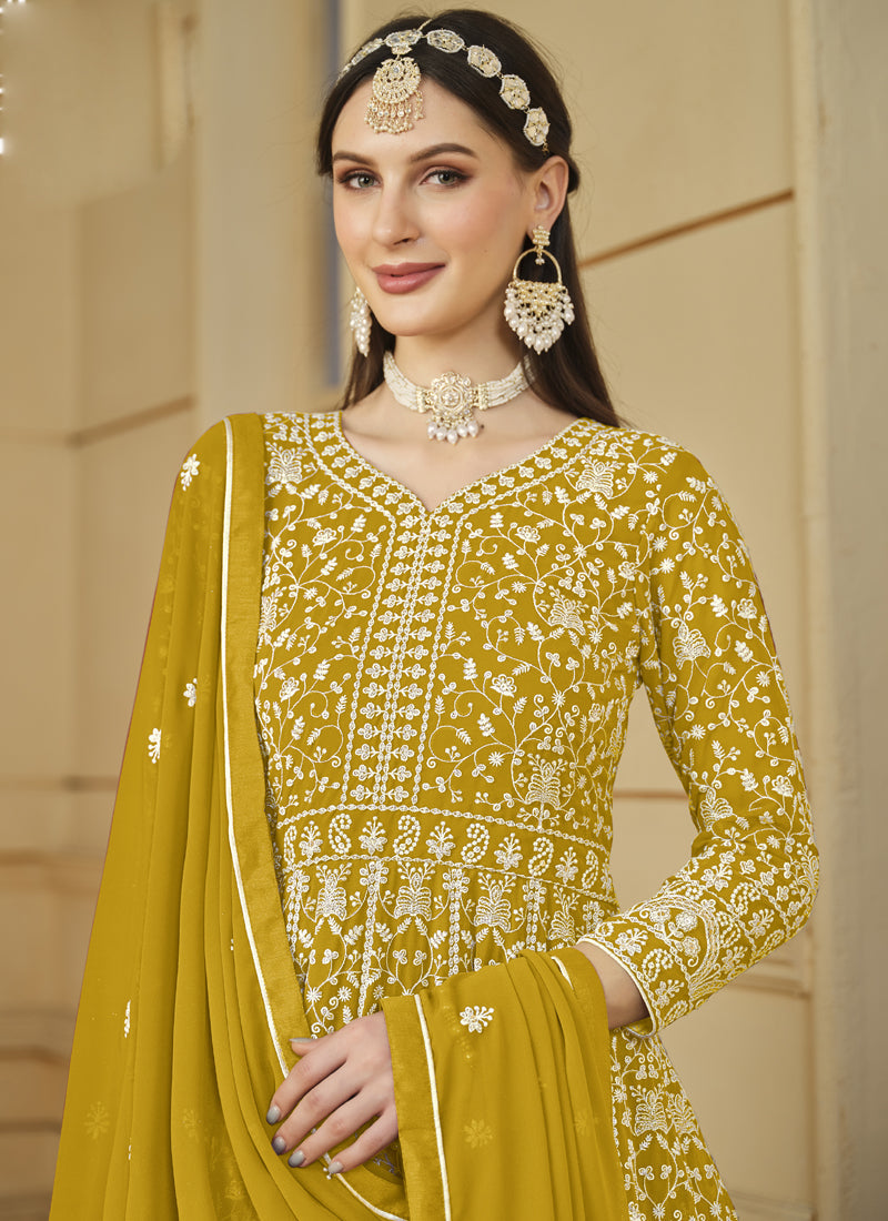 Vegaa Fashion Designer Yellow Faux Georgette Embroidery Anarkali Suit | Grocsy