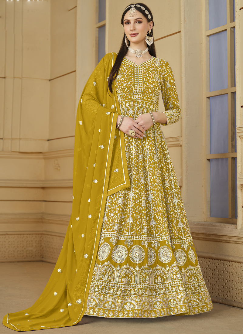 Vegaa Fashion Designer Yellow Faux Georgette Embroidery Anarkali Suit | Grocsy