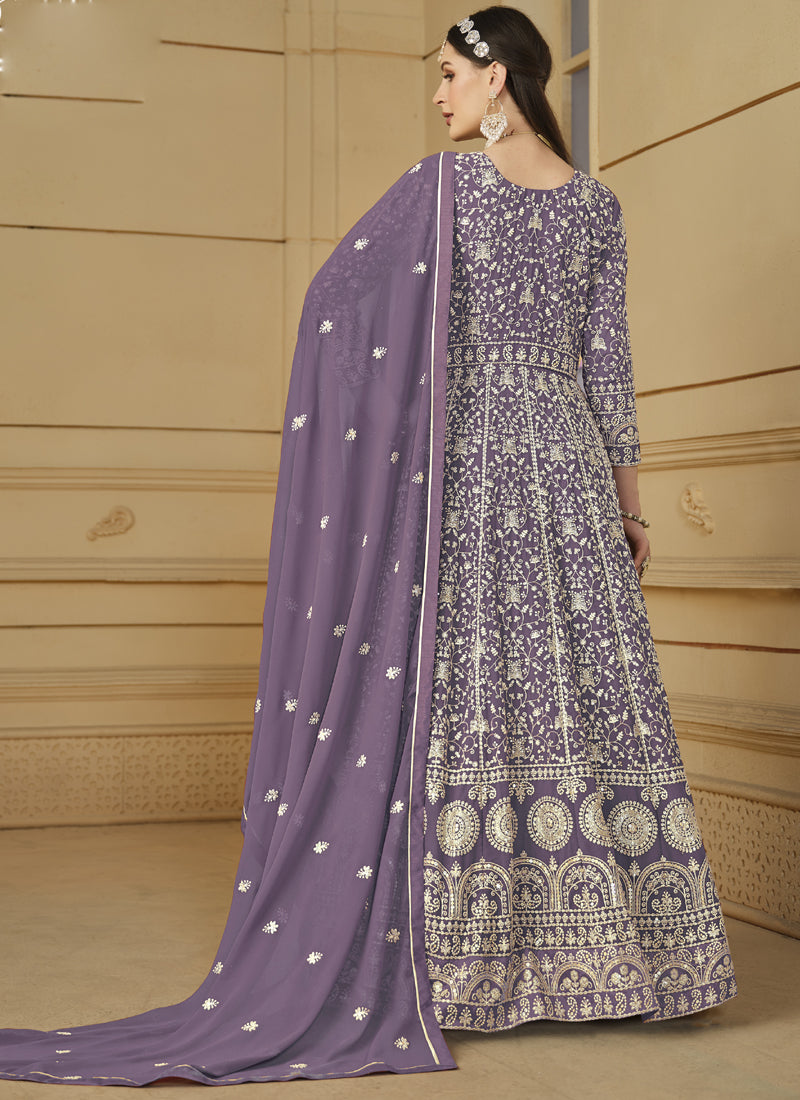 Vegaa Fashion Designer Lavender Faux Georgette Embroidery Anarkali Suit | Grocsy