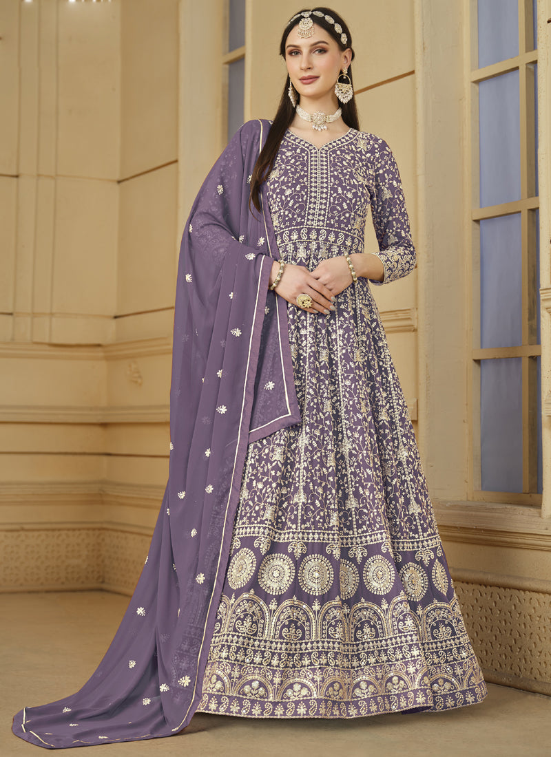 Vegaa Fashion Designer Lavender Faux Georgette Embroidery Anarkali Suit | Grocsy