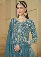 Vegaa Fashion Designer Grey Faux Georgette Embroidery Anarkali Suit | Grocsy