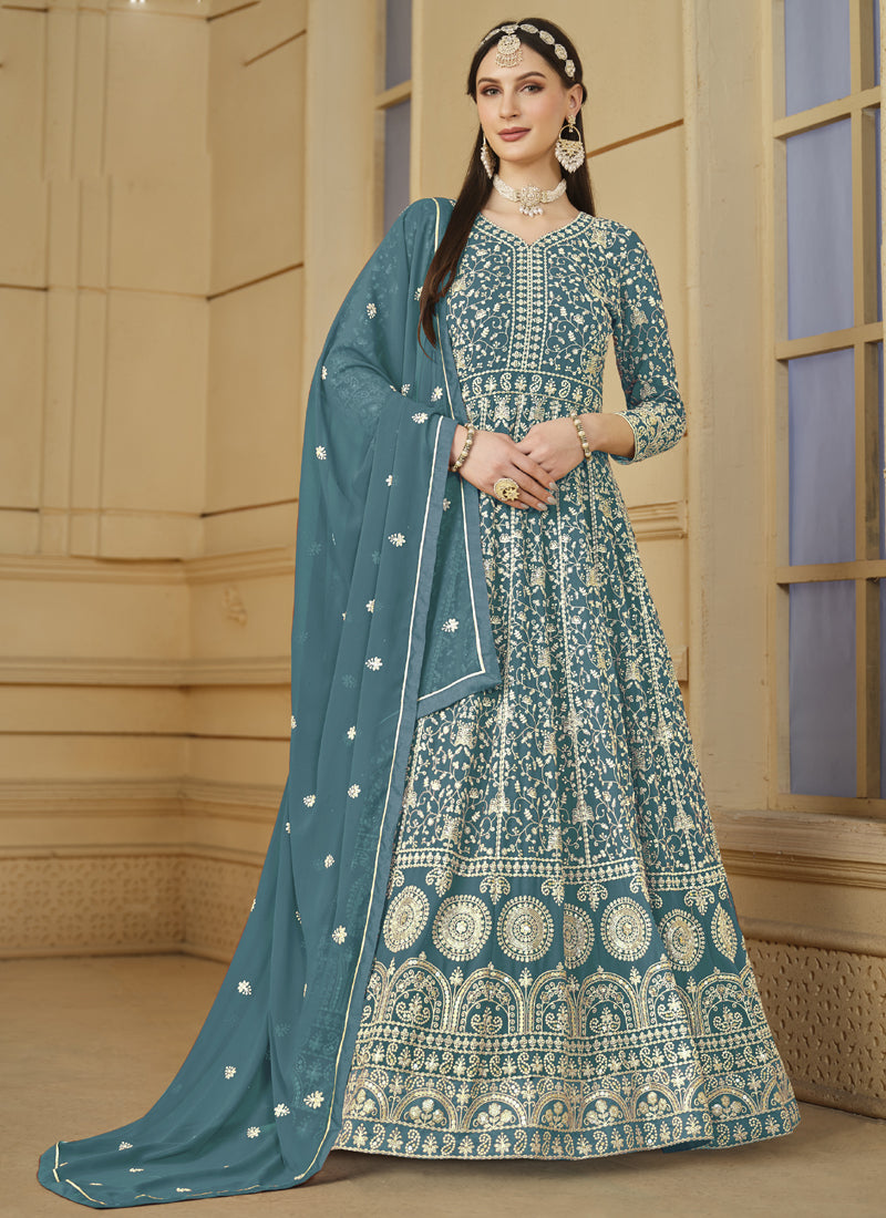 Vegaa Fashion Designer Grey Faux Georgette Embroidery Anarkali Suit | Grocsy