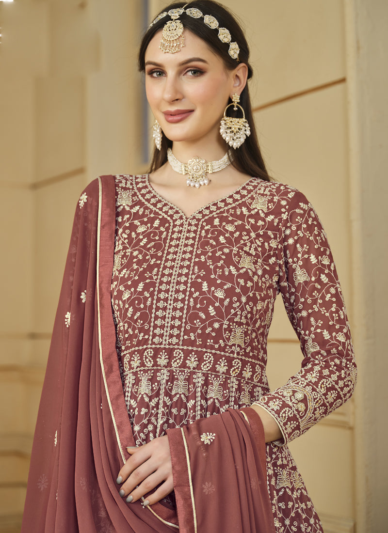 Vegaa Fashion Designer Dark Peach Faux Georgette Embroidery Anarkali Suit | Grocsy