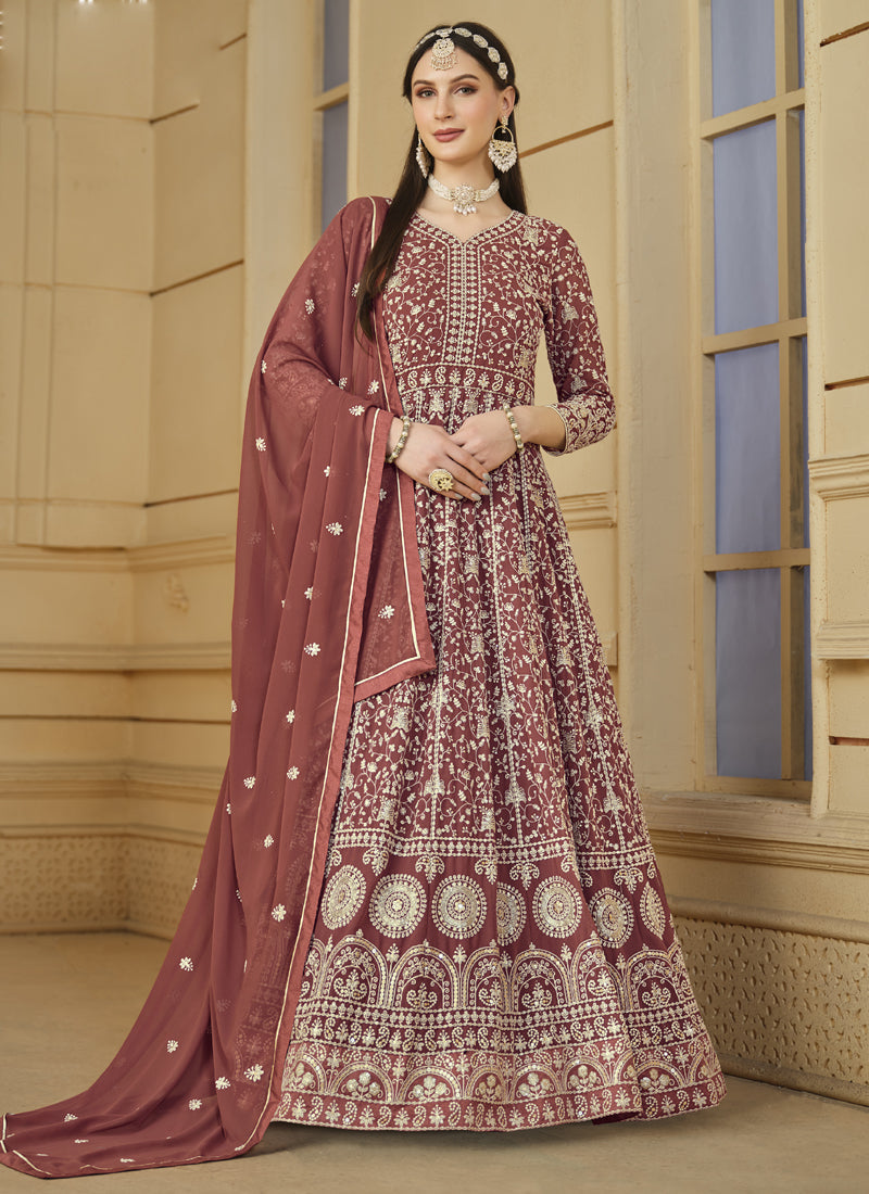 Vegaa Fashion Designer Dark Peach Faux Georgette Embroidery Anarkali Suit | Grocsy