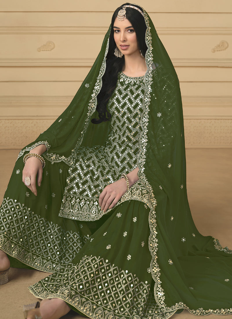 Vegaa Fashion Designer Mehendi Faux Georgette Embroidery Sharara Suit | Grocsy