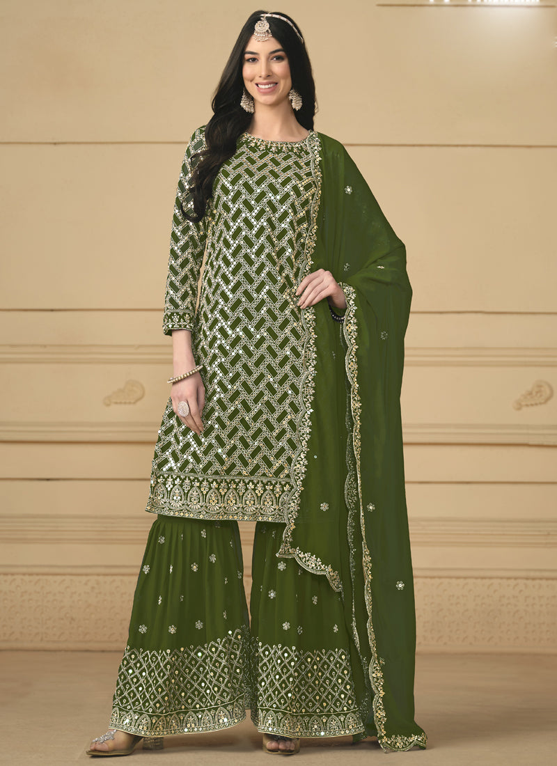 Vegaa Fashion Designer Mehendi Faux Georgette Embroidery Sharara Suit | Grocsy