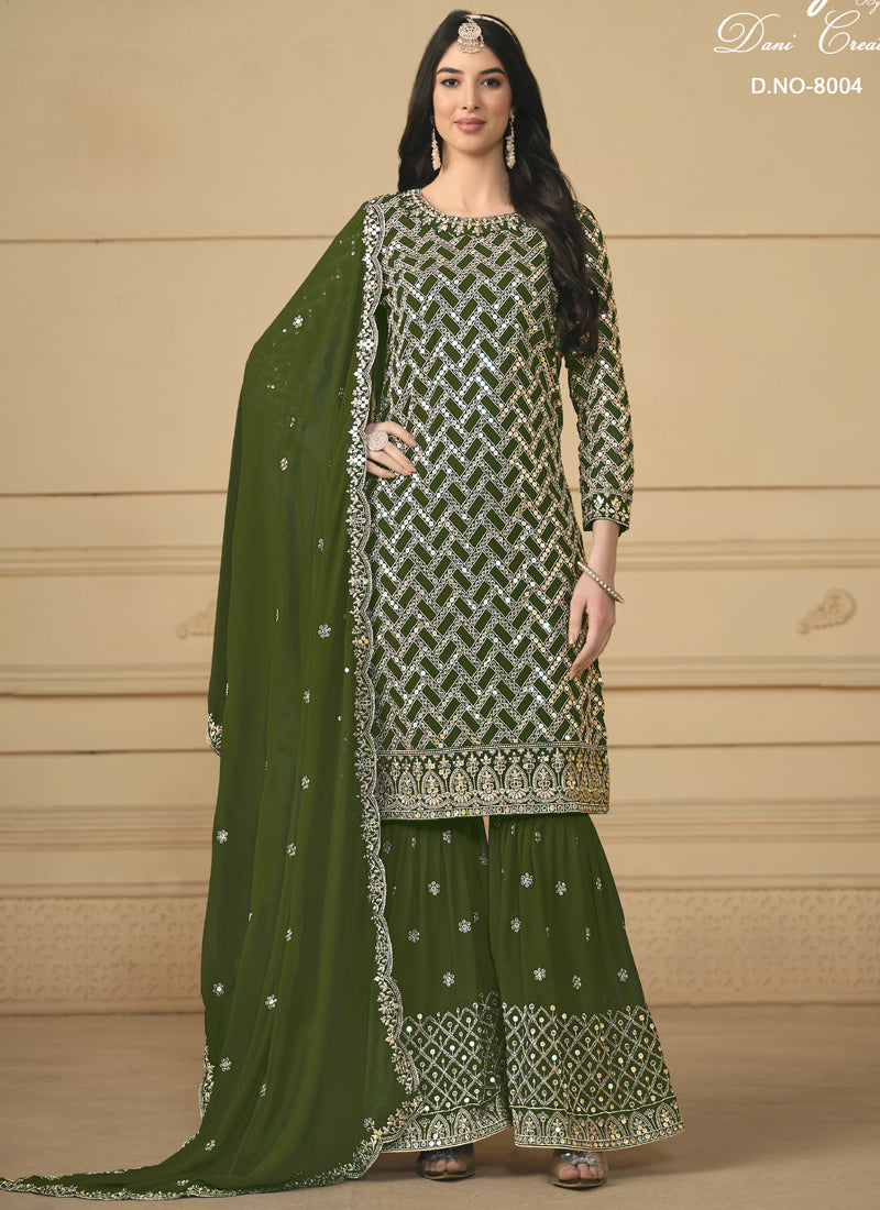 Vegaa Fashion Designer Mehendi Faux Georgette Embroidery Sharara Suit | Grocsy