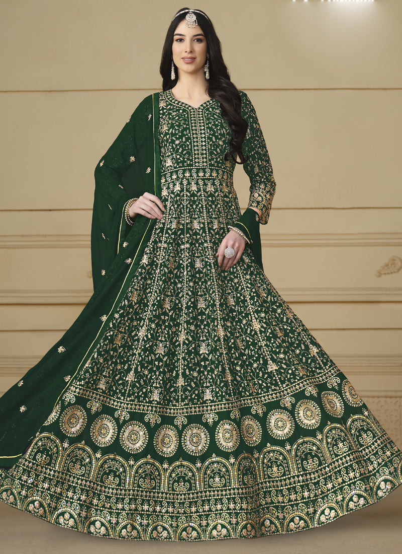 Vegaa Fashion Designer Green Faux Georgette Embroidery Anarkali Suit | Grocsy