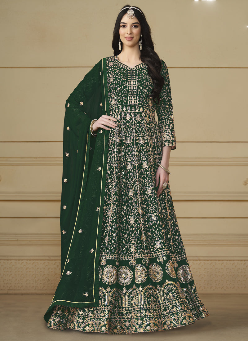 Vegaa Fashion Designer Green Faux Georgette Embroidery Anarkali Suit | Grocsy