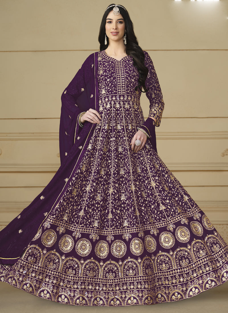 Vegaa Fashion Designer Violet Faux Georgette Embroidery Anarkali Suit | Grocsy