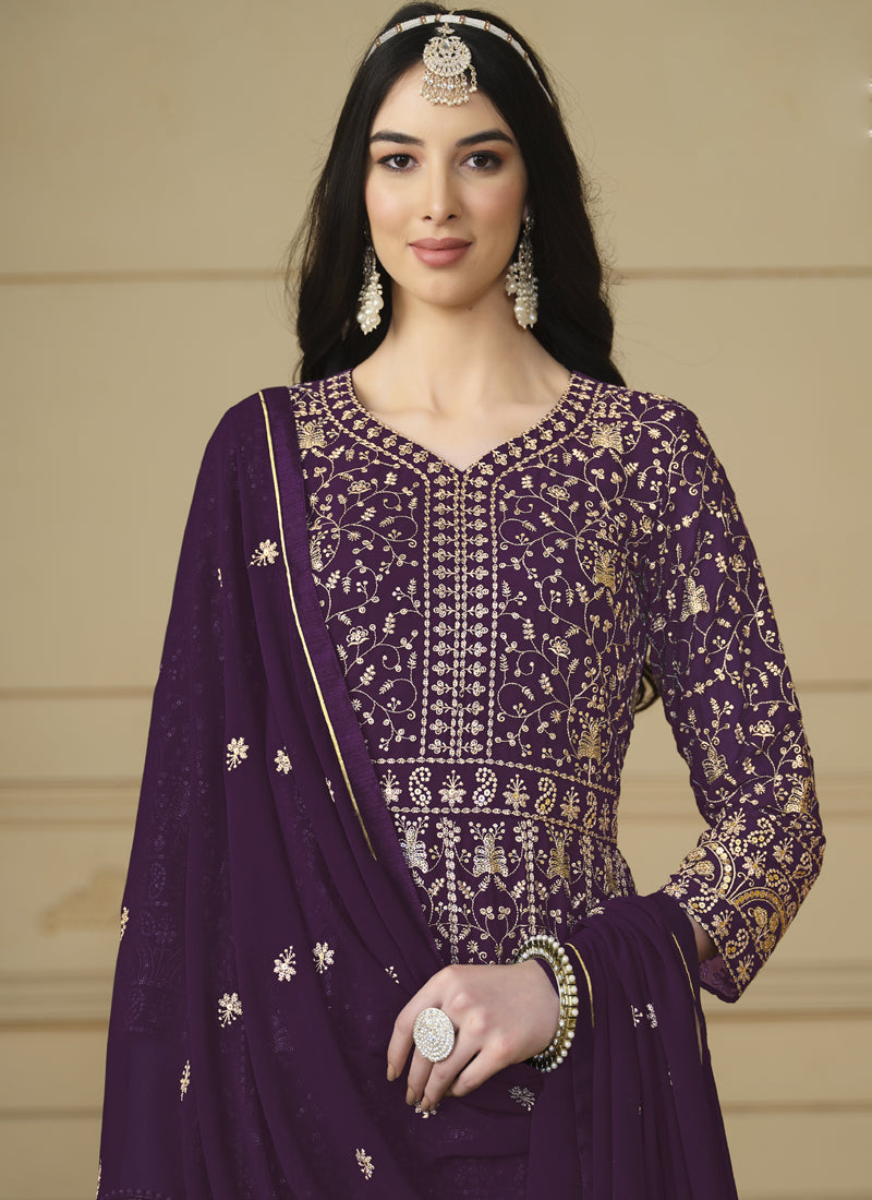 Vegaa Fashion Designer Violet Faux Georgette Embroidery Anarkali Suit | Grocsy