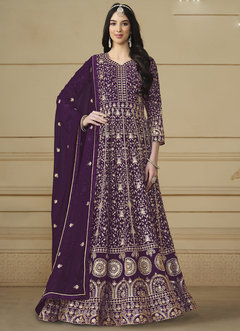 Vegaa Fashion Designer Violet Faux Georgette Embroidery Anarkali Suit | Grocsy