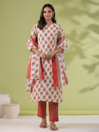Janasya Regular Poly Cotton Cream Ethnic Motifs Notch Neck Set | Grocsy