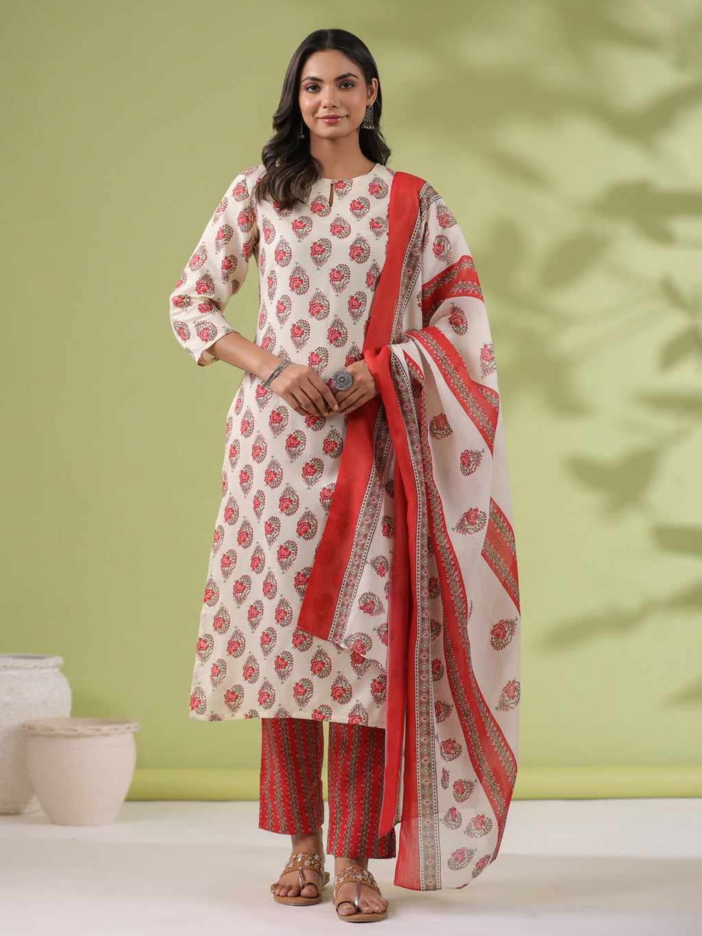 Janasya Regular Poly Cotton Cream Ethnic Motifs Notch Neck Set | Grocsy