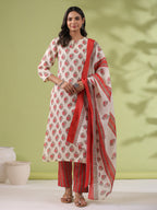 Janasya Regular Poly Cotton Cream Ethnic Motifs Notch Neck Set | Grocsy