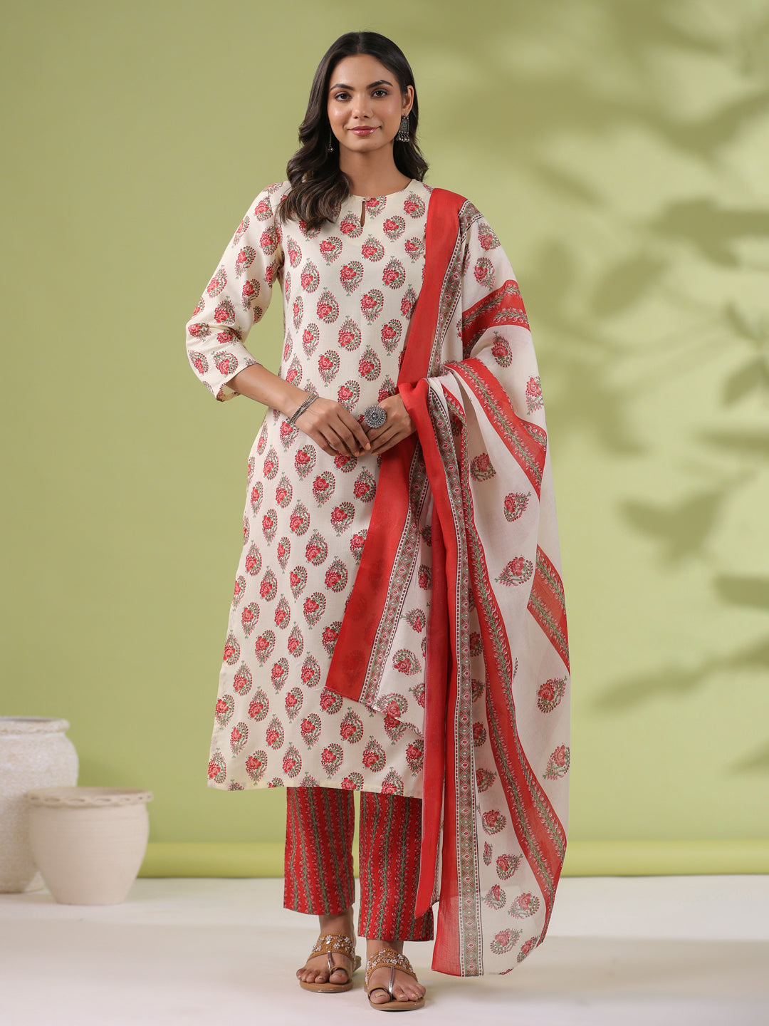 Janasya Regular Poly Cotton Cream Ethnic Motifs Notch Neck Set | Grocsy