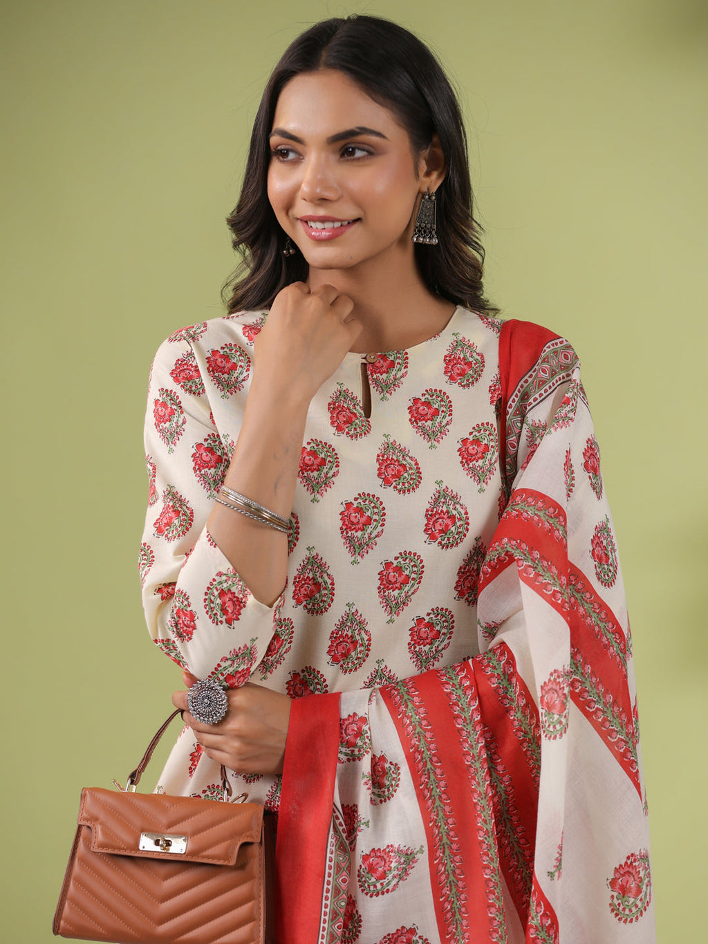 Janasya Regular Poly Cotton Cream Ethnic Motifs Notch Neck Set | Grocsy
