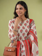 Janasya Regular Poly Cotton Cream Ethnic Motifs Notch Neck Set | Grocsy