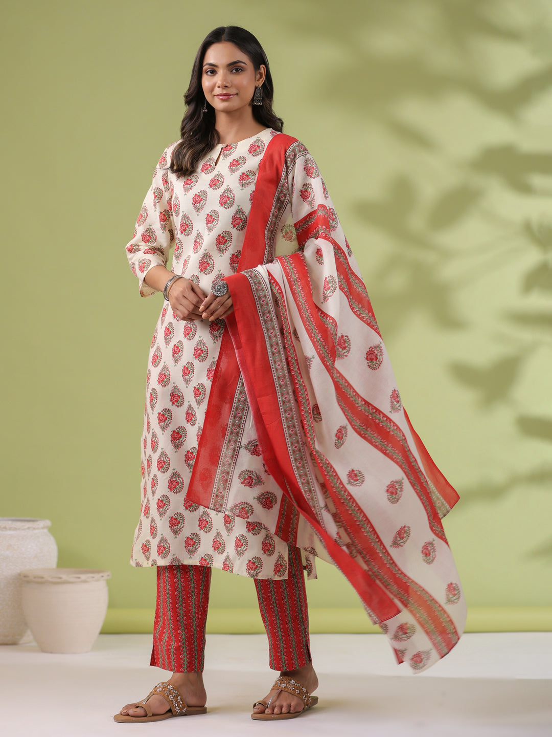 Janasya Regular Poly Cotton Cream Ethnic Motifs Notch Neck Set | Grocsy