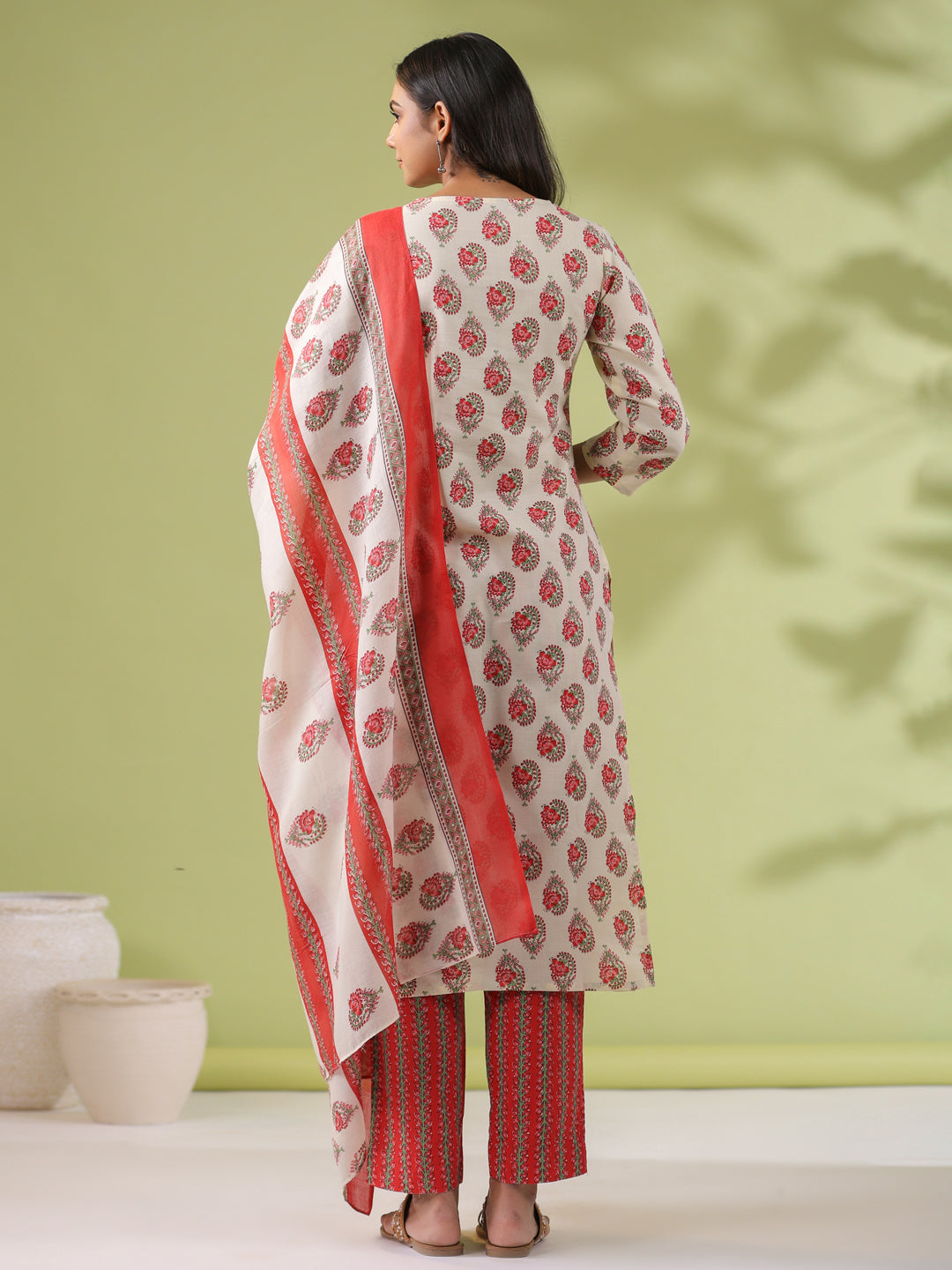 Janasya Regular Poly Cotton Cream Ethnic Motifs Notch Neck Set | Grocsy
