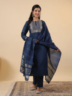 Janasya Straight Magics Slub Blue Embroidered Round Neck Kurta,Bottom & Dupatta | Grocsy