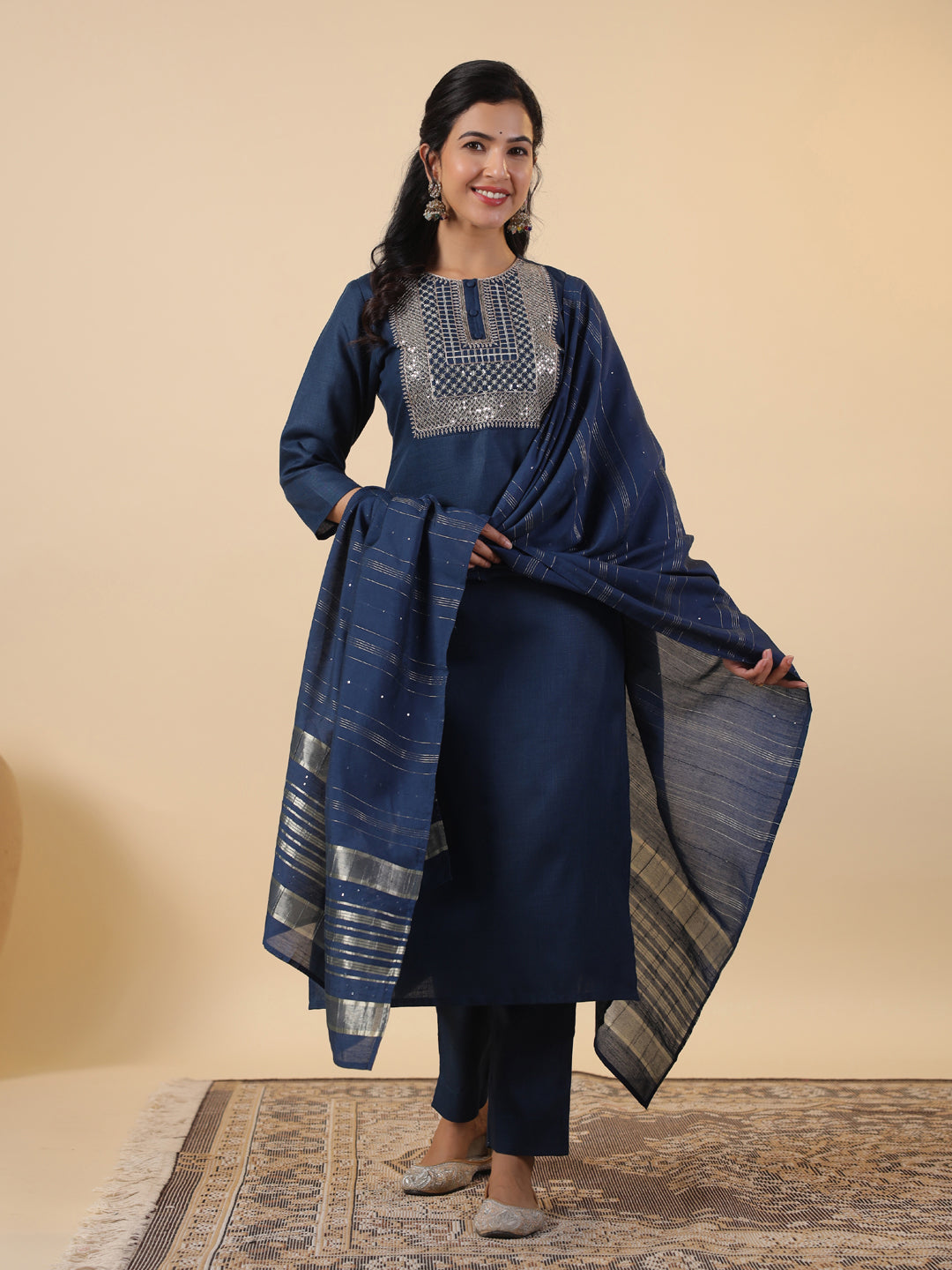 Janasya Straight Magics Slub Blue Embroidered Round Neck Kurta,Bottom & Dupatta | Grocsy