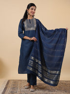 Janasya Straight Magics Slub Blue Embroidered Round Neck Kurta,Bottom & Dupatta | Grocsy