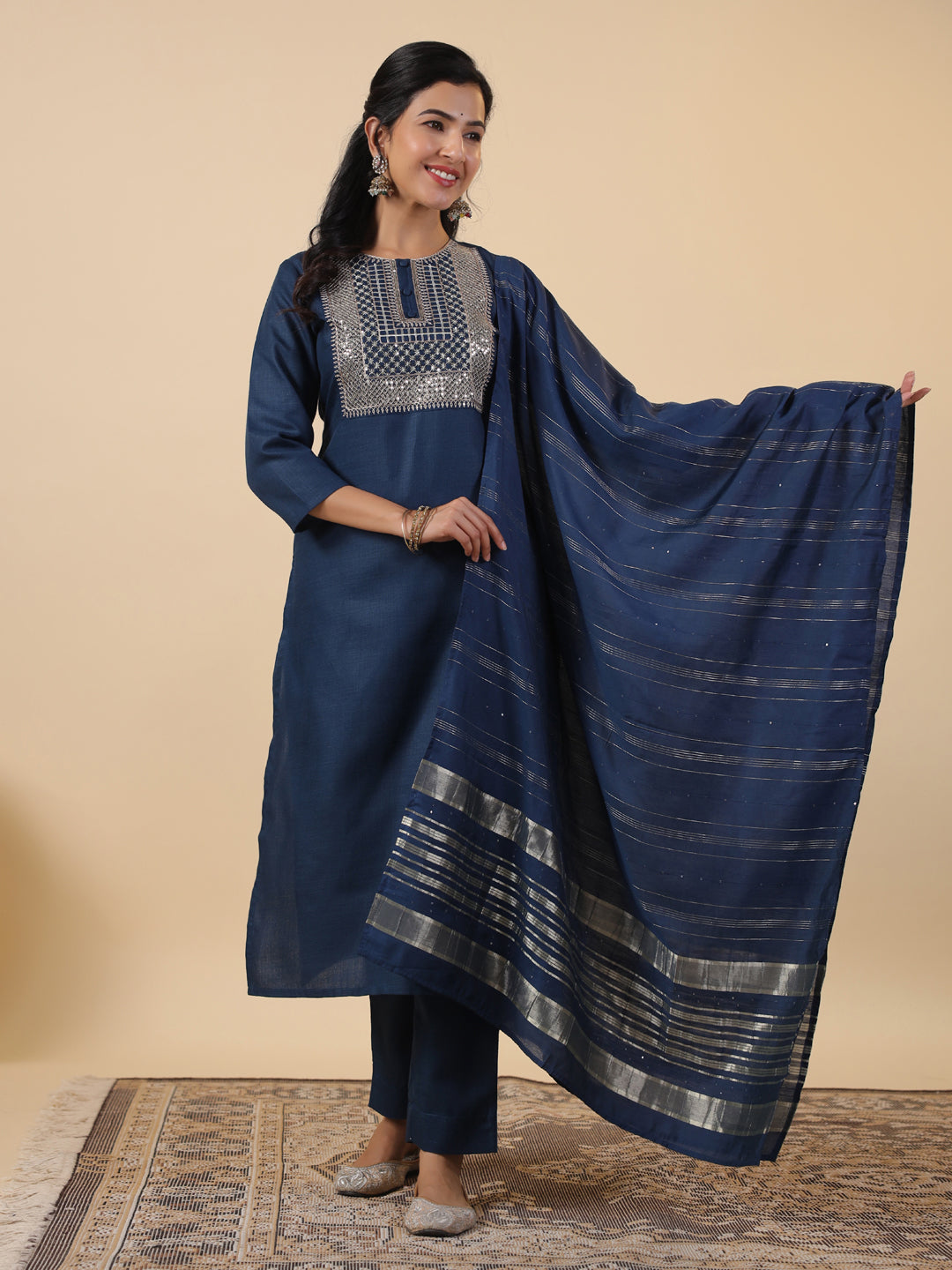 Janasya Straight Magics Slub Blue Embroidered Round Neck Kurta,Bottom & Dupatta | Grocsy
