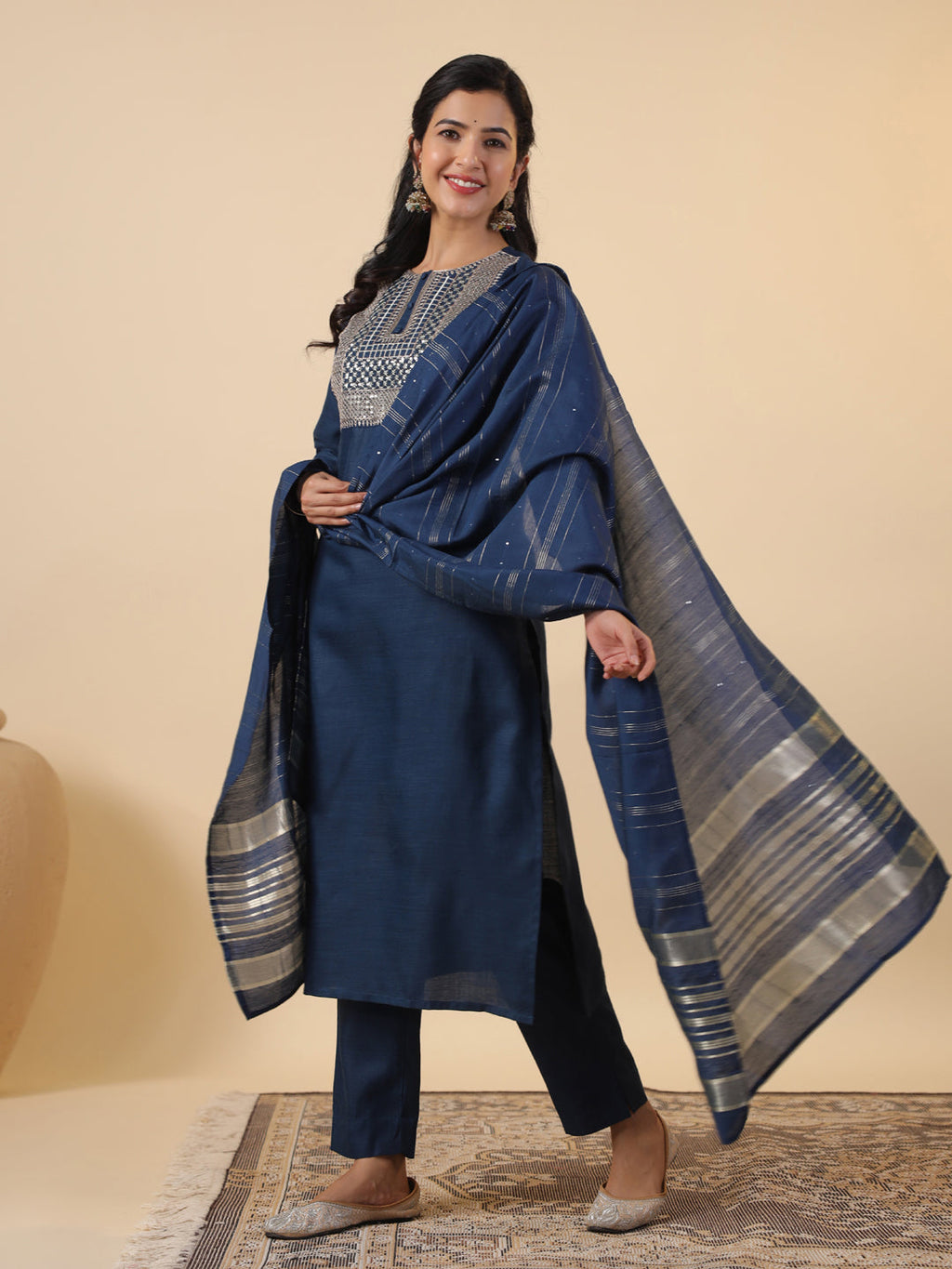 Janasya Straight Magics Slub Blue Embroidered Round Neck Kurta,Bottom & Dupatta | Grocsy