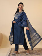 Janasya Straight Magics Slub Blue Embroidered Round Neck Kurta,Bottom & Dupatta | Grocsy