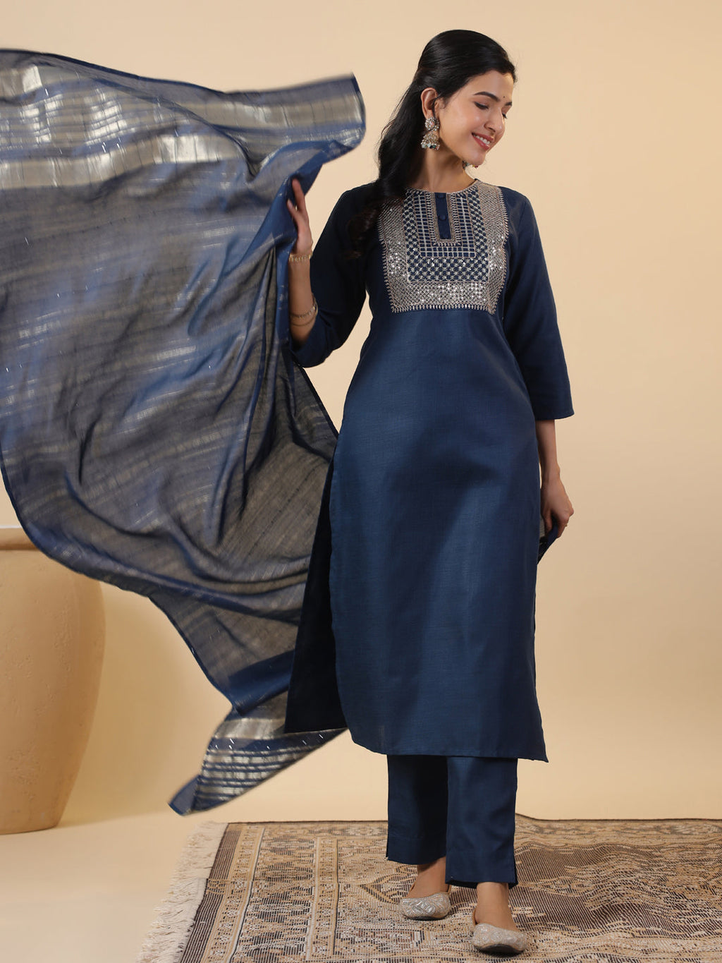 Janasya Straight Magics Slub Blue Embroidered Round Neck Kurta,Bottom & Dupatta | Grocsy