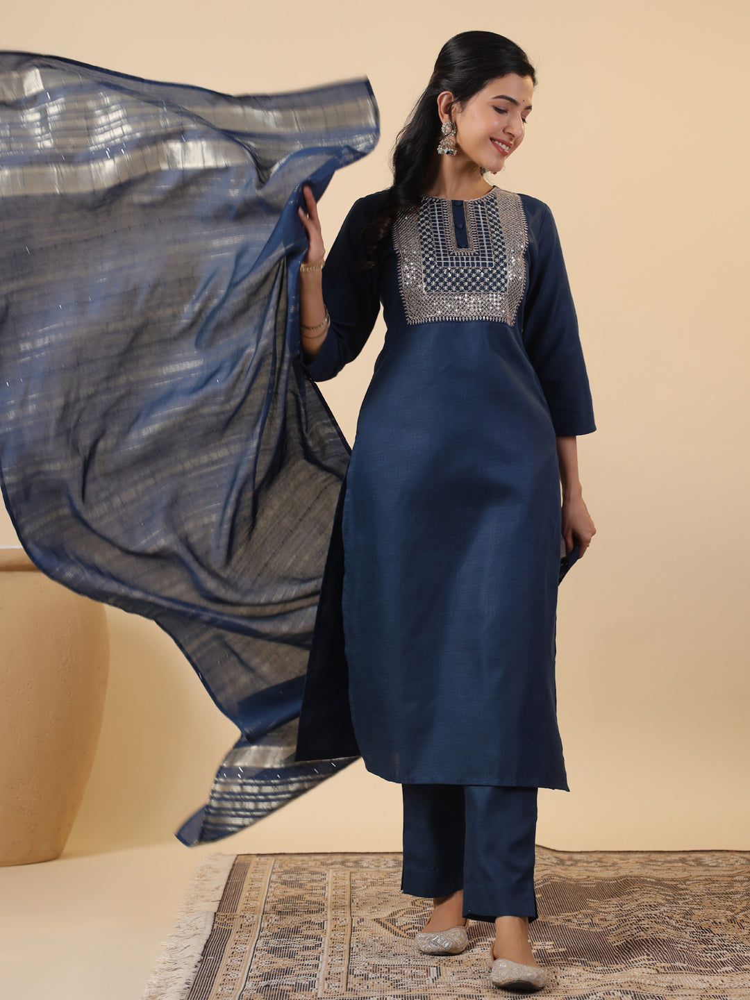 Janasya Straight Magics Slub Blue Embroidered Round Neck Kurta,Bottom & Dupatta | Grocsy