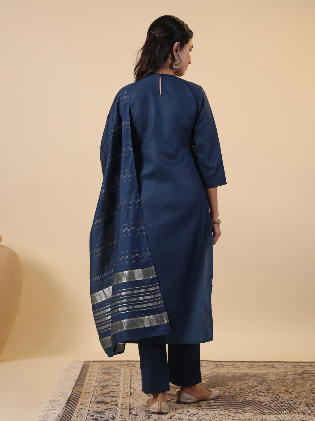 Janasya Straight Magics Slub Blue Embroidered Round Neck Kurta,Bottom & Dupatta | Grocsy