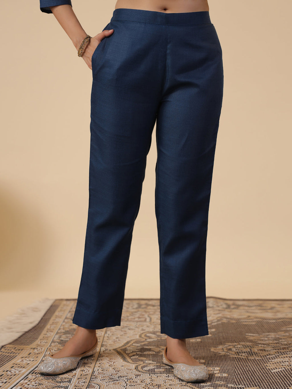 Janasya Straight Magics Slub Blue Embroidered Round Neck Kurta,Bottom & Dupatta | Grocsy