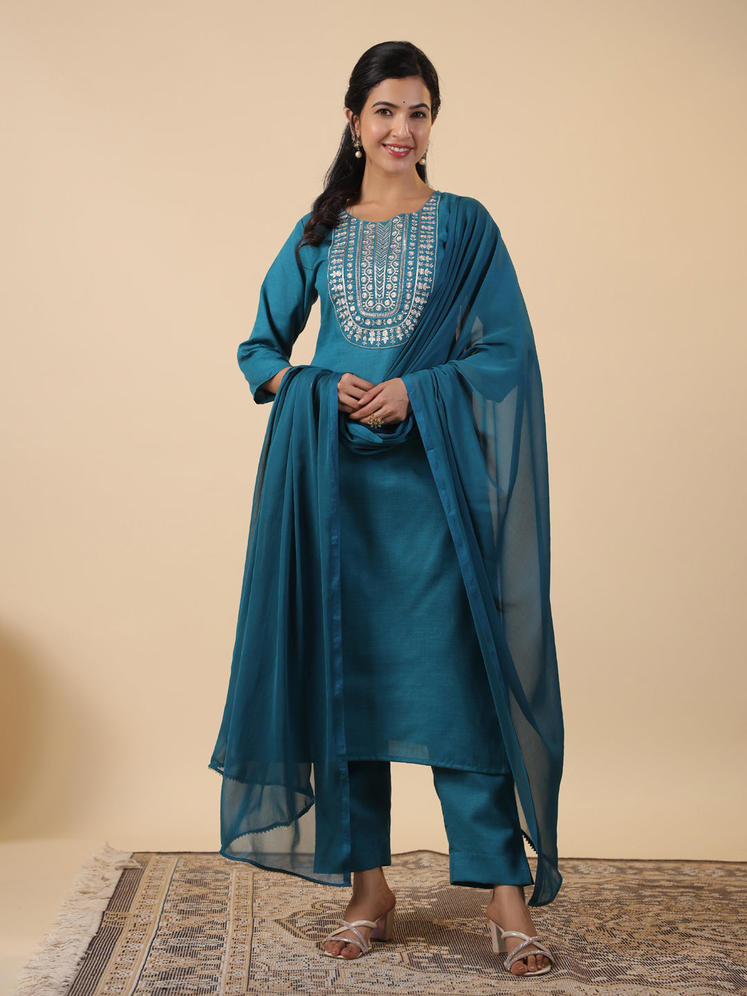 Janasya Straight Magics Slub Teal Embroidered Round Neck Kurta,Bottom & Dupatta | Grocsy