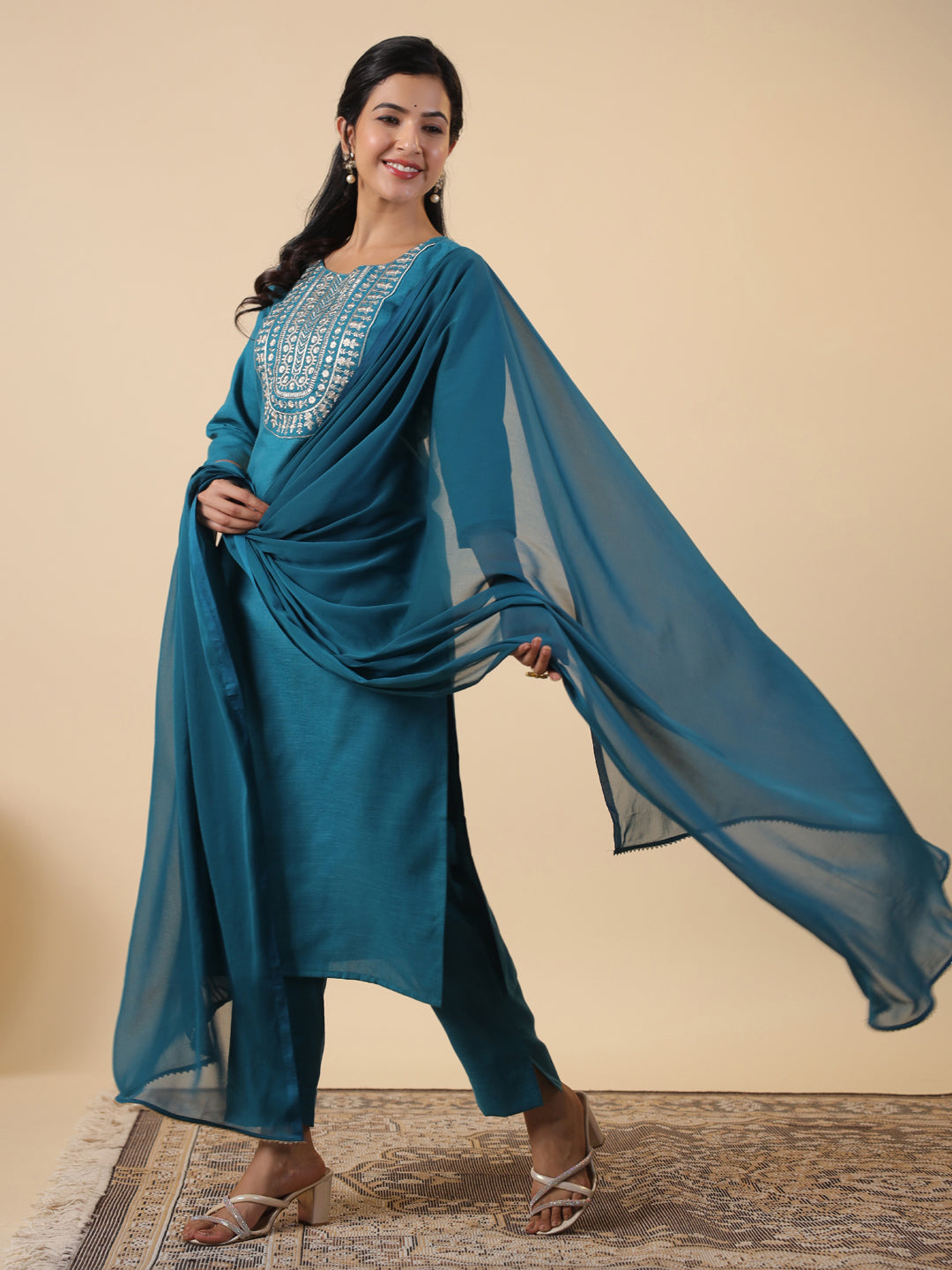 Janasya Straight Magics Slub Teal Embroidered Round Neck Kurta,Bottom & Dupatta | Grocsy
