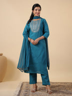 Janasya Straight Magics Slub Teal Embroidered Round Neck Kurta,Bottom & Dupatta | Grocsy