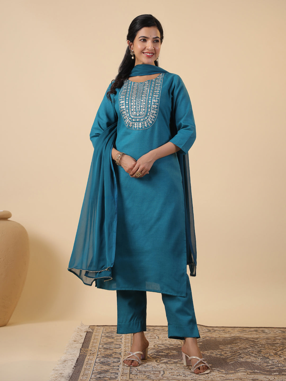 Janasya Straight Magics Slub Teal Embroidered Round Neck Kurta,Bottom & Dupatta | Grocsy