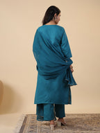 Janasya Straight Magics Slub Teal Embroidered Round Neck Kurta,Bottom & Dupatta | Grocsy