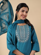 Janasya Straight Magics Slub Teal Embroidered Round Neck Kurta,Bottom & Dupatta | Grocsy