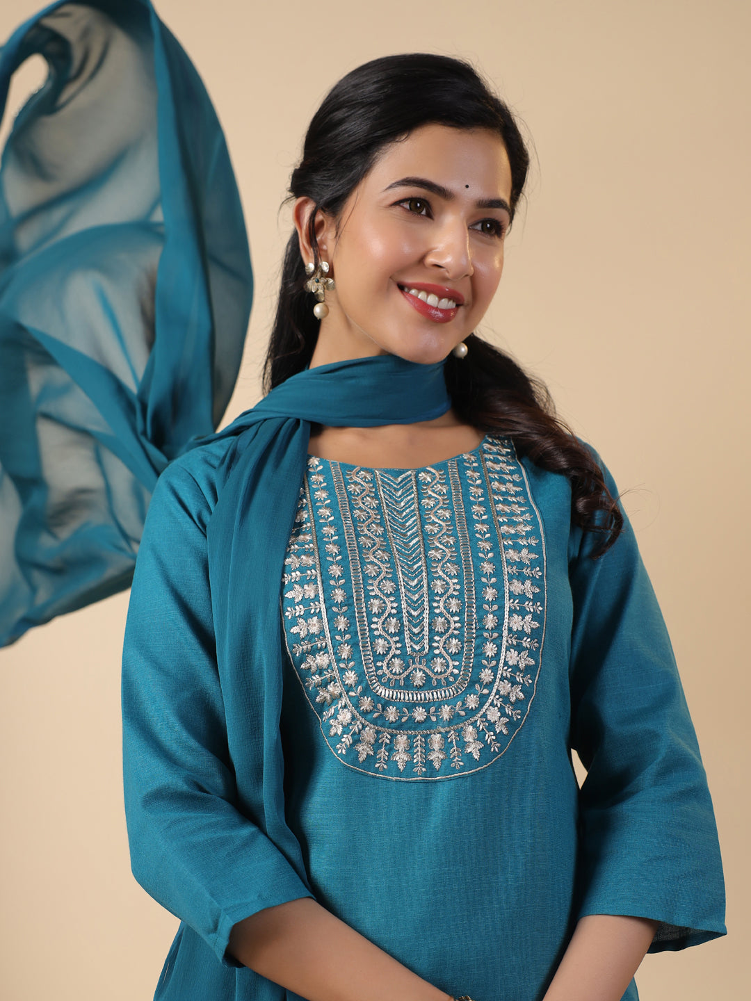 Janasya Straight Magics Slub Teal Embroidered Round Neck Kurta,Bottom & Dupatta | Grocsy