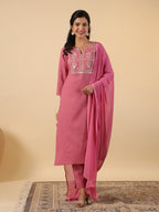 Janasya Straight Magics Slub Pink Embroidered Notch Neck Kurta,Bottom & Dupatta | Grocsy